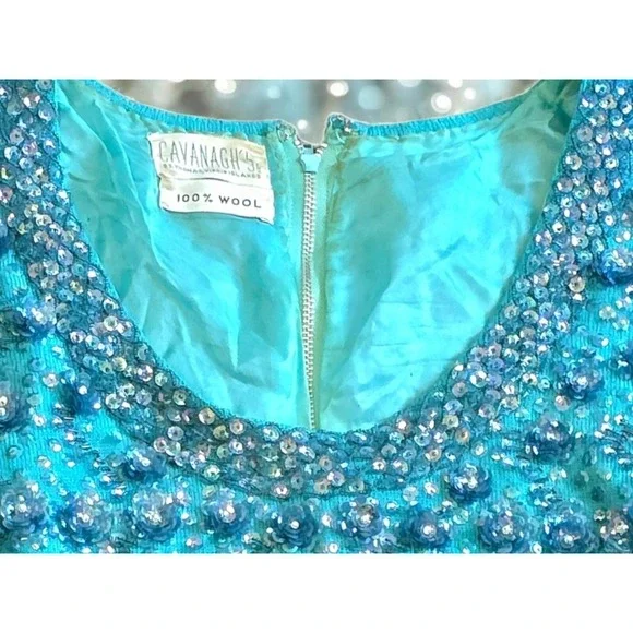 Vintage 60s Wool Beaded Sequin Sweater Back Zip Turquoise Silk-lined By Cavanagh